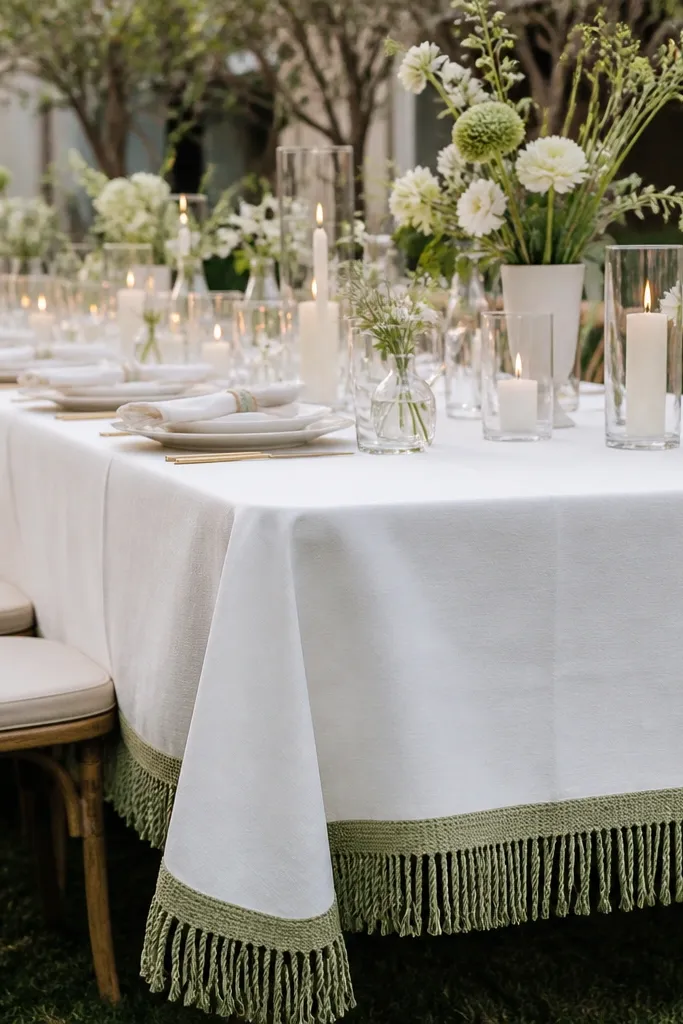 White tablecloth with a sage fringe trim along the edge, shown on a long backyard reception table with simple center vases and candles.