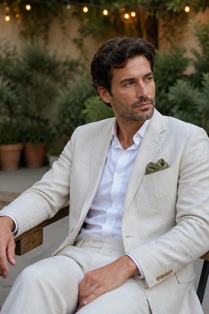 A man in a cream linen suit jacket and matching trousers sits at a backyard table. A small pocket square shows soft sage and olive tones. The background has potted plants along the edge of the seating area and warm fairy lights overhead.