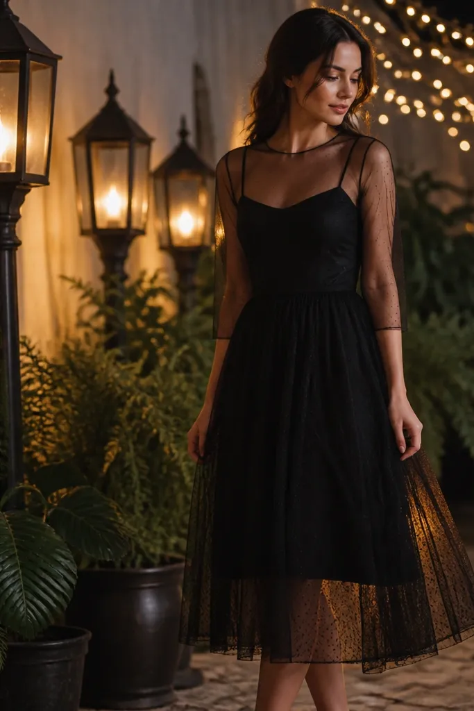 A woman in a black midi dress with a sheer mesh overlay stands near a lantern line. Warm string lights glow behind her, and her overlay catches the light subtly. There are potted ferns and dark green leaves around the base of the lanterns.