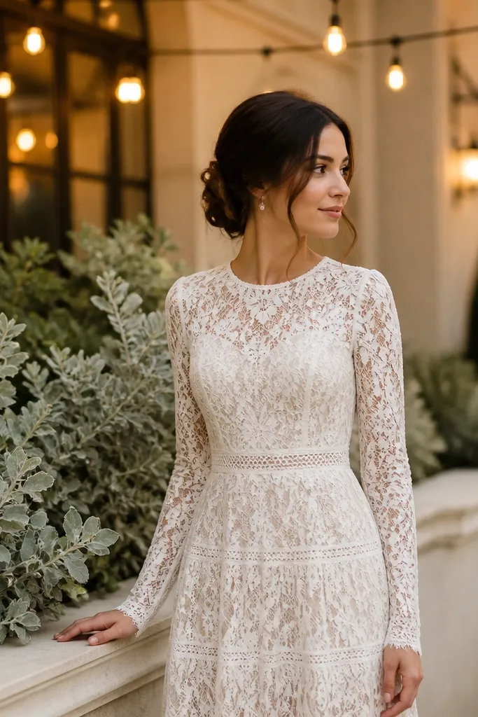 A woman wearing a white lace dress stands beside a planter filled with dusty miller and pale greens. Warm lights hang above, and the lace pattern is visible. The color palette stays soft: cream, sage, and amber.