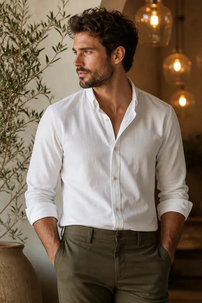 A man in a white button-down and olive trousers stands near potted olive branches. Warm lights hang behind him, and the outfit matches the plant palette. The shirt has sleeves slightly rolled and looks casual-formal.