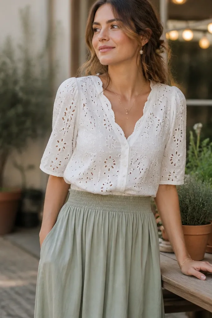 A woman wears a white eyelet blouse paired with a sage skirt. The outfit is photographed near a table with potted herbs and warm string lights in the background.