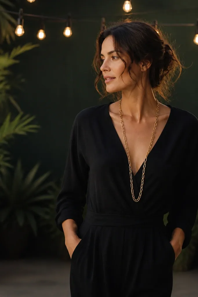 A woman in a black jumpsuit stands under hanging string lights. She wears a long gold chain necklace that catches the amber glow. There are potted plants and a dark green backdrop behind her.