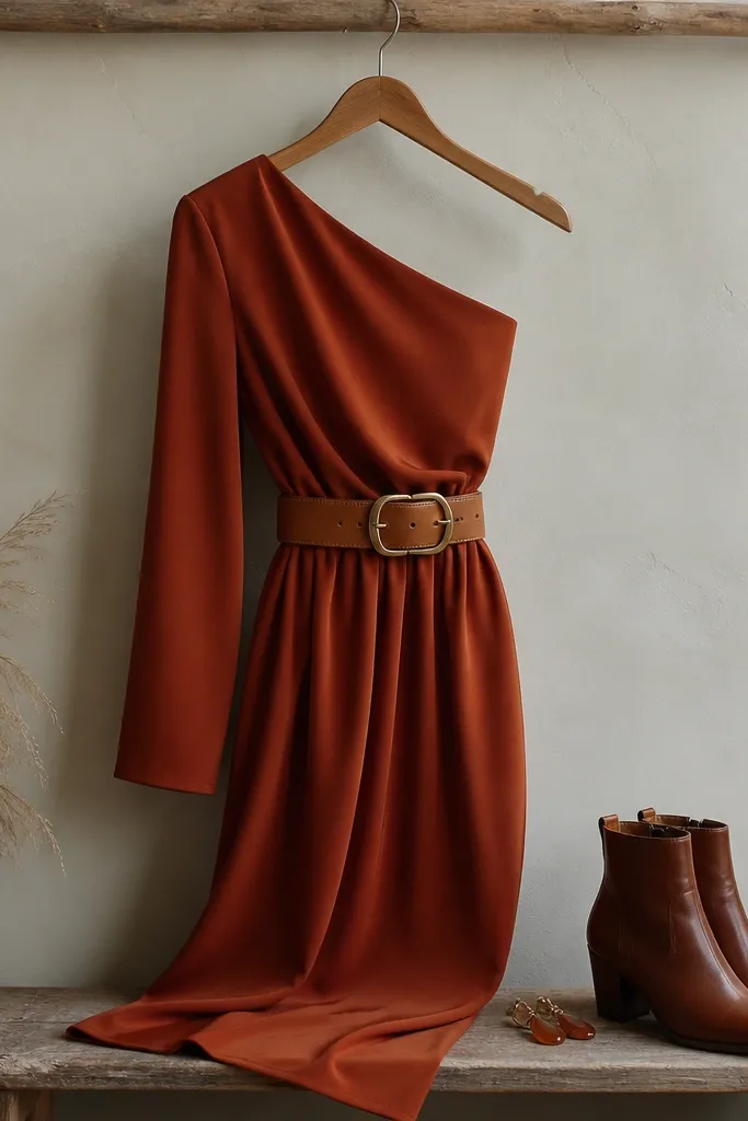 A rust one-shoulder crepe dress on a hanger with a wide cognac belt; the image shows matching cognac ankle boots and small amber earrings on a bench.