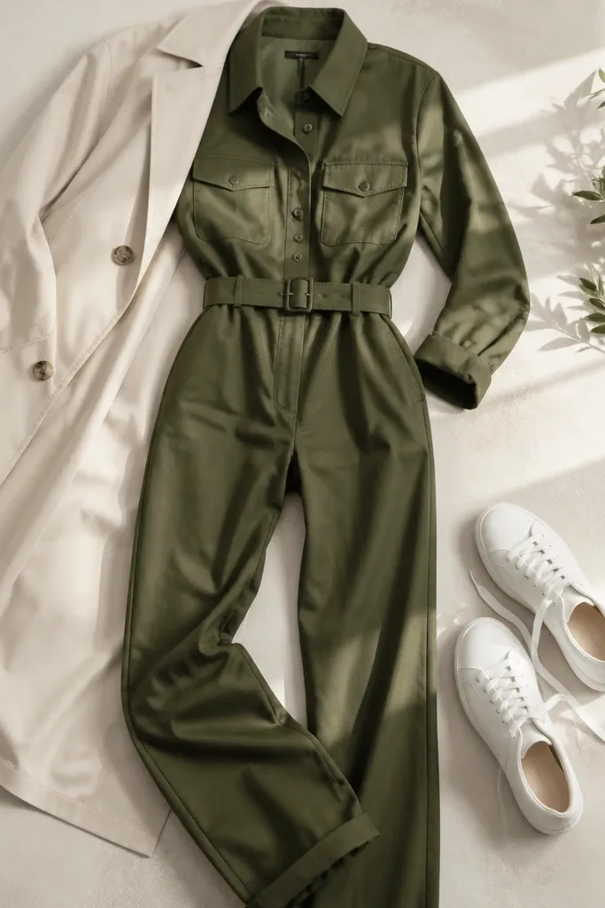 A women's olive green jumpsuit laid out with a structured collar, button placket, and matching belt; a cream trench-style layer and white sneakers are visible in the shot.