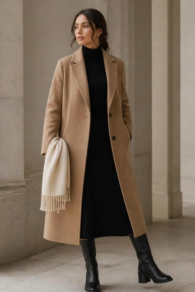 A camel wool blend overcoat layered over a black midi dress; the image includes black leather boots and a cream scarf folded neatly.