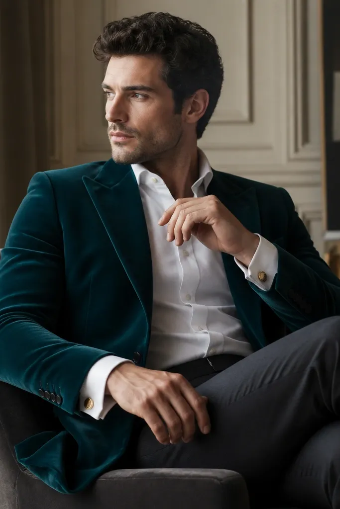 A teal velvet blazer worn over a crisp white button-down; tapered trousers in charcoal and gold cufflinks are visible in the scene.