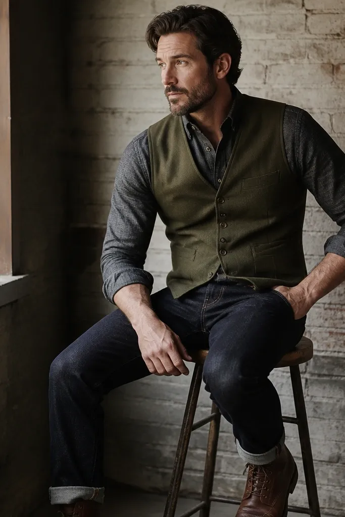 A charcoal flannel button-down with visible texture, layered under an olive tailored vest; dark jeans and brown leather boots sit below.