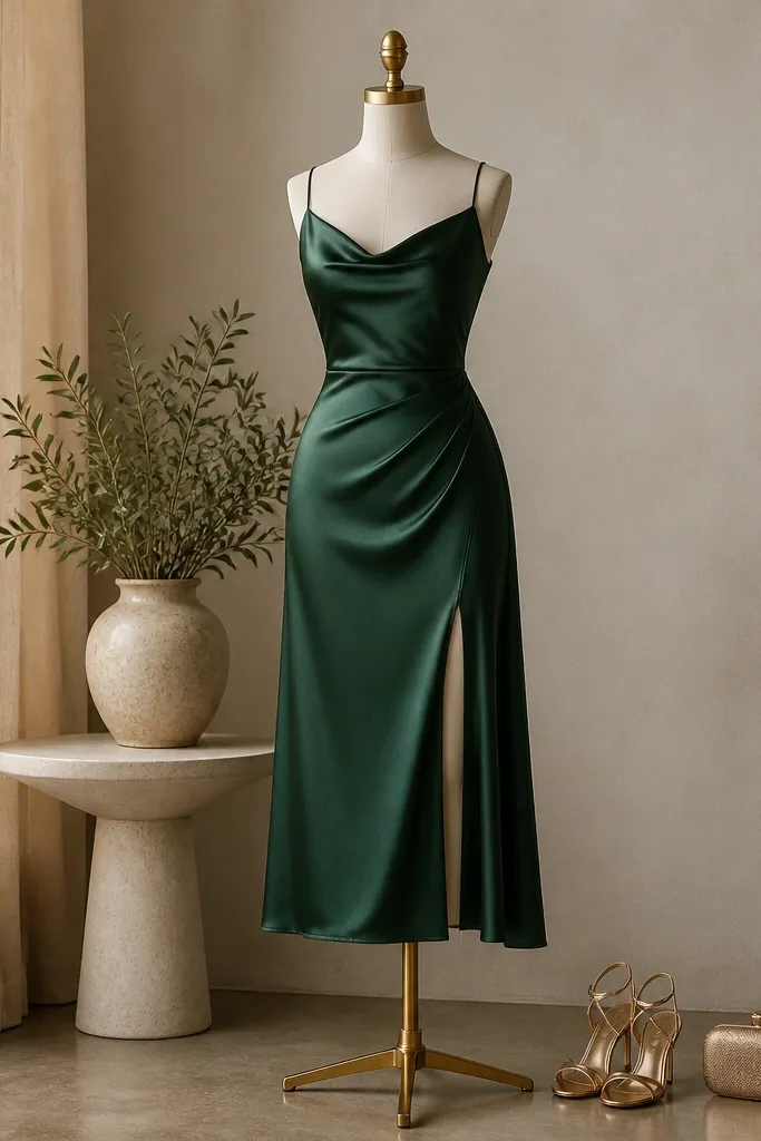 A forest green satin midi dress with a side slit shown on a mannequin; gold strappy sandals and a small clutch are placed nearby.