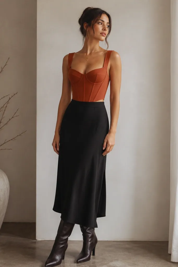 A black crepe midi skirt paired with a rust corset-style top; a pair of heeled boots and a delicate gold necklace are shown.