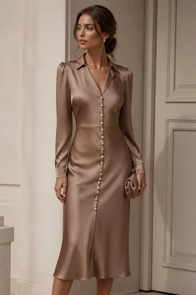 A mocha satin midi dress with pearl buttons down the front; the photo includes pearl studs and a small satin clutch.