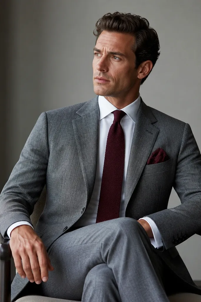 A heather gray suit jacket and trousers with a burgundy knit tie; white shirt visible and a burgundy pocket square sits on the lapel.