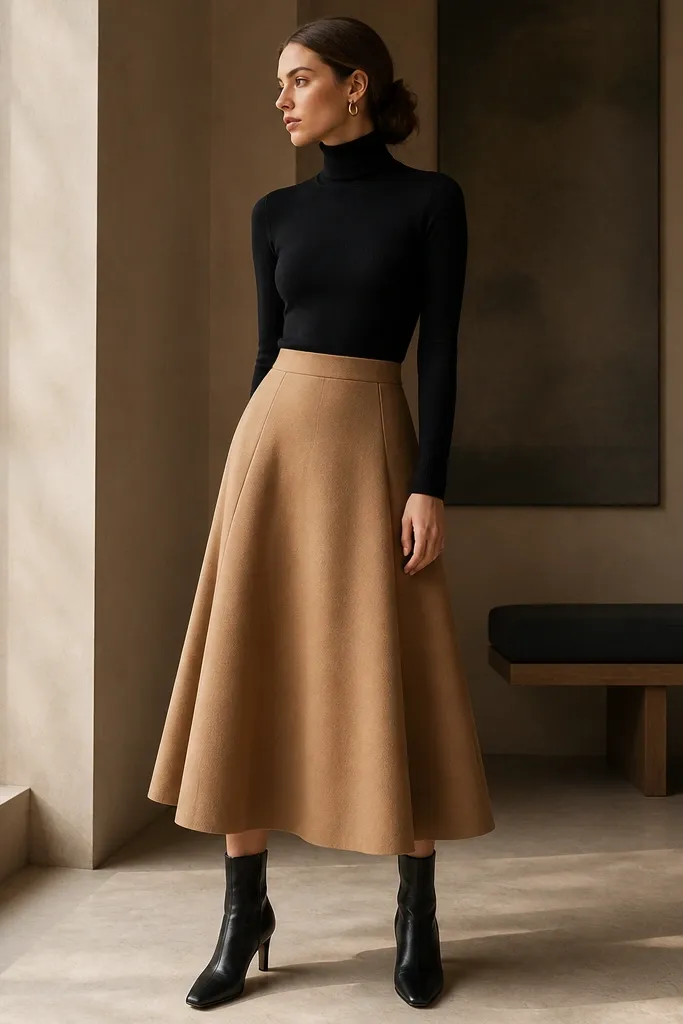 A black turtleneck bodysuit tucked into a camel A-line midi skirt; the styling includes black ankle boots and a gold hoop earring.