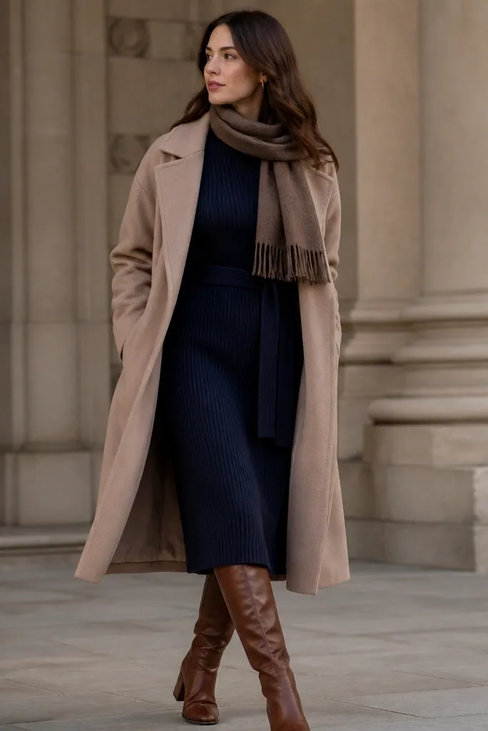 A navy sweater dress with a belted waist; it's styled with a long tan coat, brown boots, and a simple scarf.