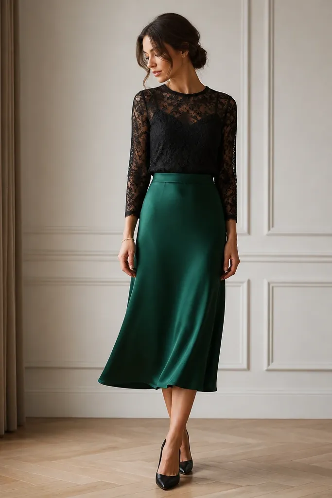 An emerald satin midi skirt paired with a black lace long-sleeve top; the image shows black heels and a delicate bracelet.