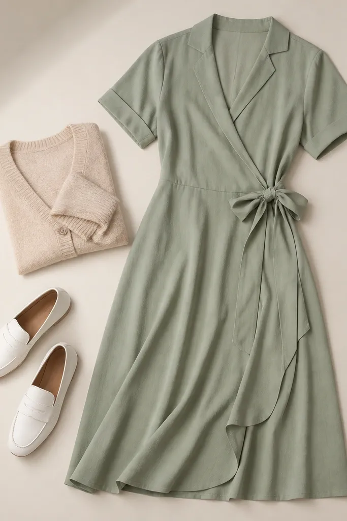 A sage green wrap shirt dress with a tie waist and short sleeves; the photo shows white loafers and a beige cardigan folded nearby.