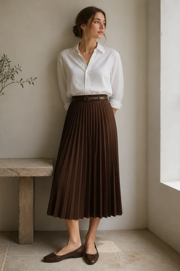 A chocolate brown pleated midi skirt with a crisp white button-up blouse; the image includes brown ballet flats and a thin leather belt.