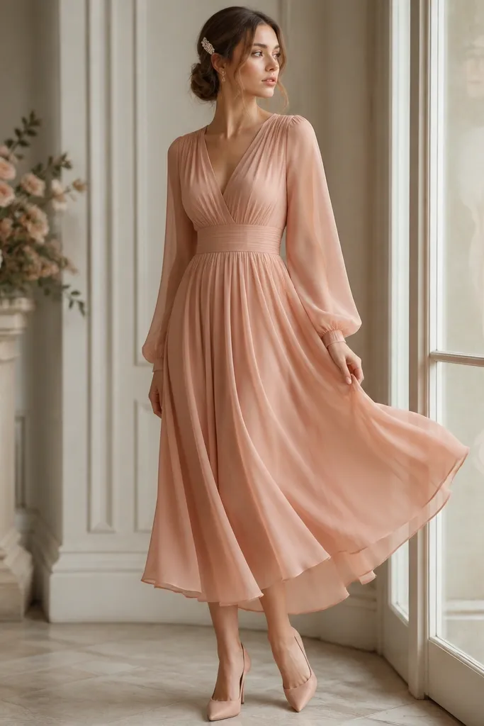 A peachy rose long-sleeve chiffon dress with a fitted waist; the image shows blush heels and a small hair clip.
