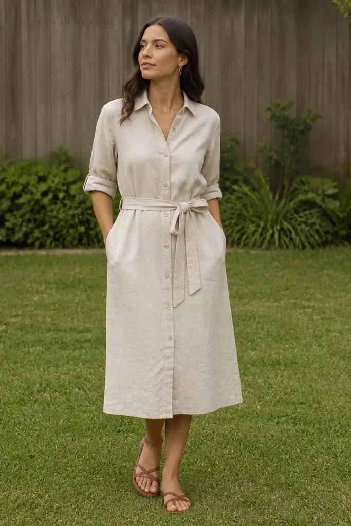 A full-length photo of a woman in a light oat linen shirt dress with rolled sleeves, a belt tied at the waist, and a small gold hoop earring; the background shows green lawn and a wooden fence.