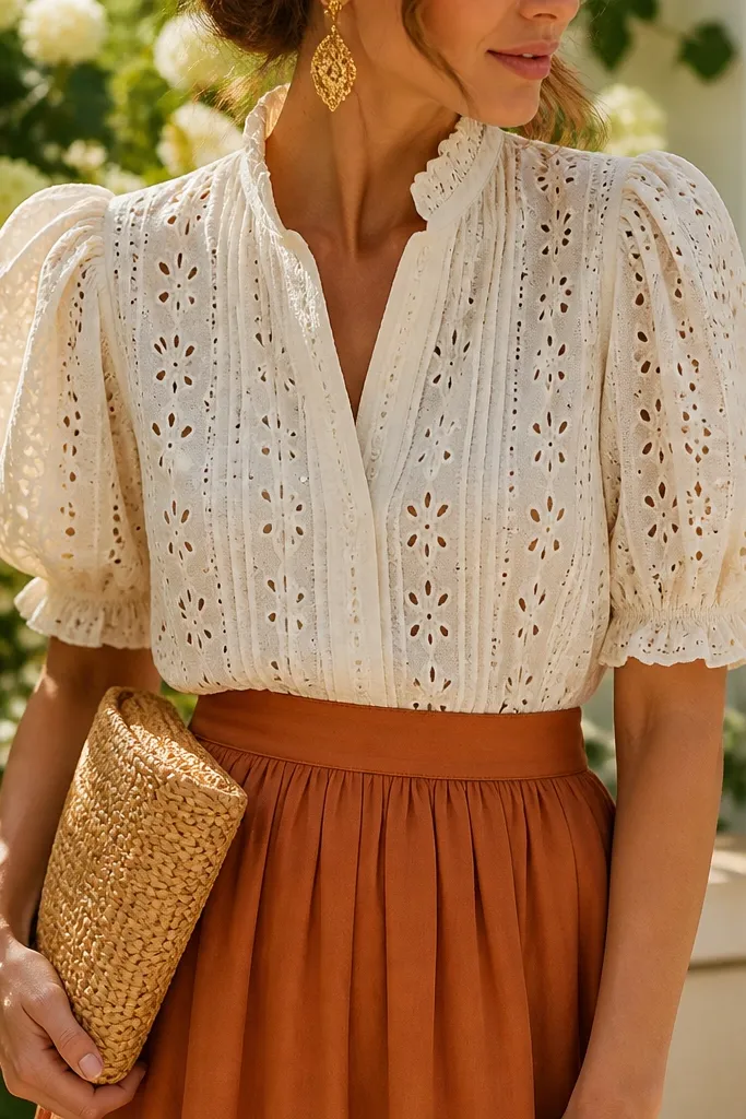 A close-up outfit photo of a woman wearing a cream eyelet blouse with puff sleeves and a high-waist caramel skirt, with a straw clutch and gold earrings; the background is a sunlit garden.