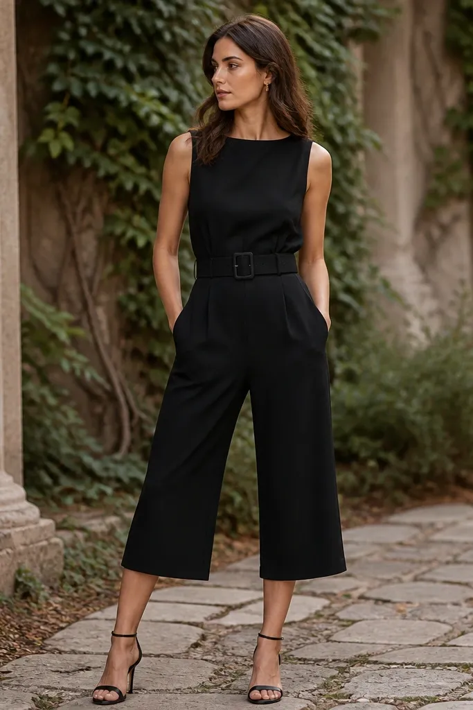 A woman in a black crepe jumpsuit with a wide belt at the waist and cropped wide-leg pants, standing on a stone path; the fabric looks matte and structured.