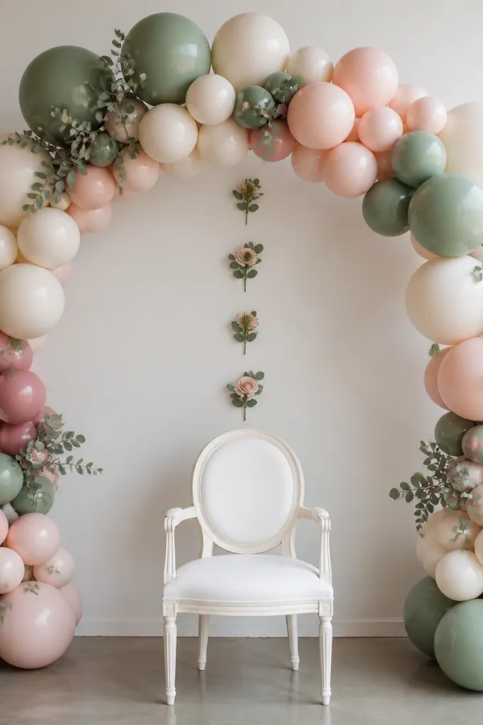 A semi-arch balloon arrangement framing a white chair; small faux eucalyptus and blush rose sprigs are taped in a vertical line on the wall behind the chair.