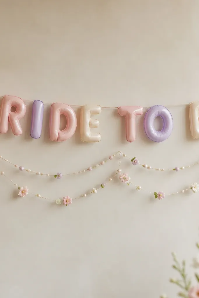 A horizontal banner made from small pastel mini balloons spelling "BRIDE TO BE," with tiny faux floral bead garlands hanging beneath it.