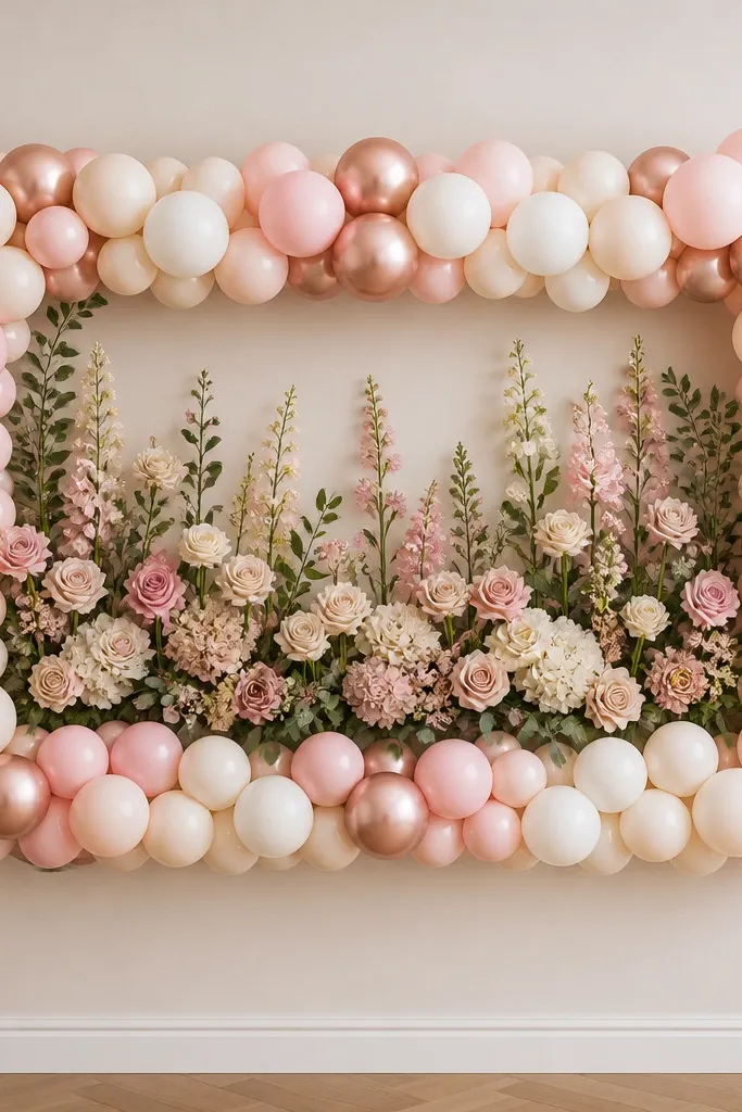A rectangle balloon frame on a wall, with a floral arrangement filling the center like a picture frame.