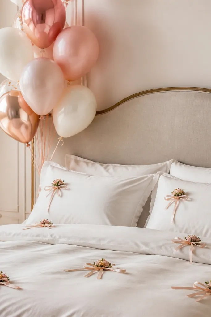 A bouquet of balloons placed against the bed headboard, with several small floral ribbon bows tied to the duvet and pillow covers.