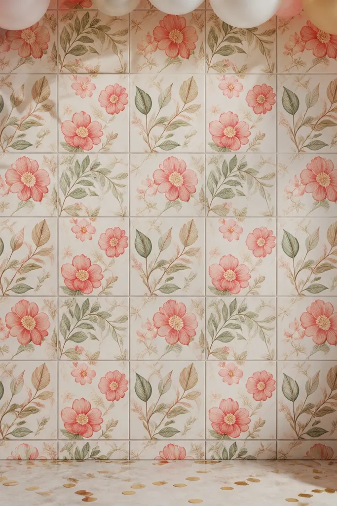 A wall decorated with repeating floral blocks like tiles, with small balloon confetti placed around the border.