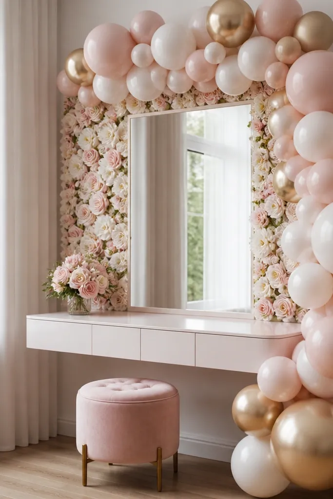 A balloon garland runs along a vanity mirror frame, with a floral backing panel behind the mirror and a small stool below.