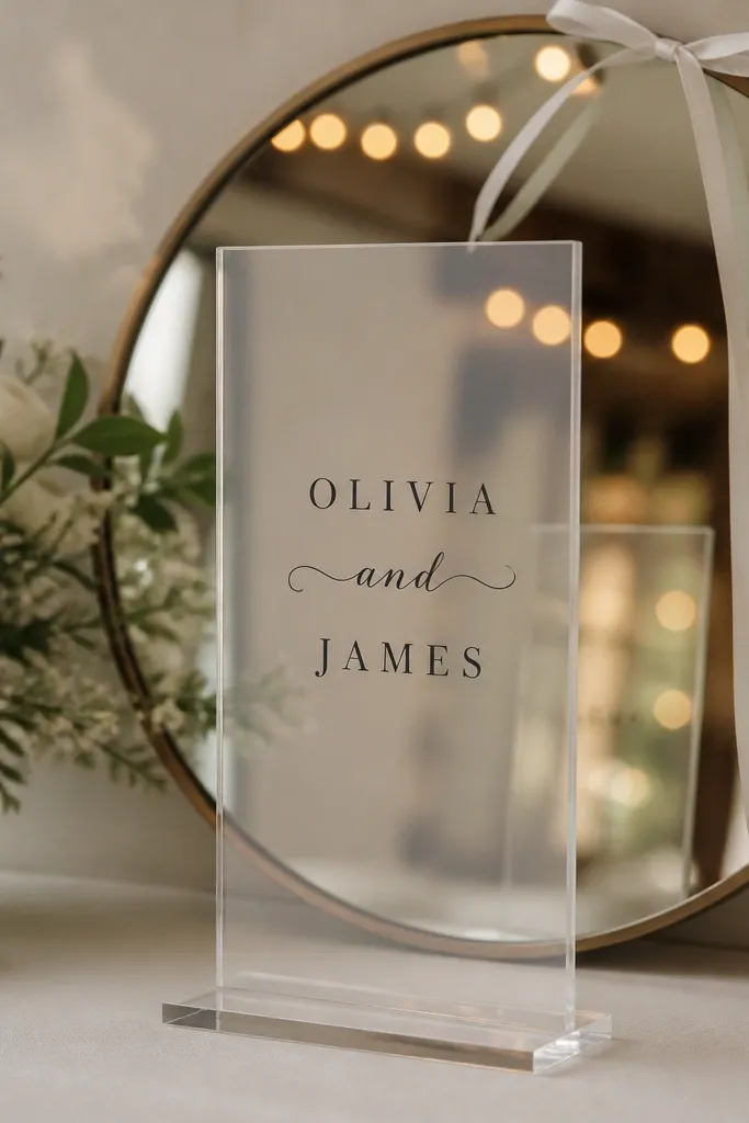 A tall clear acrylic sign mounted on a simple base in front of a round mirror. The mirror has a thin white ribbon tied around the frame, and the acrylic top has a printed couple name in dark ink. In the background reflection, warm string lights glow softly.