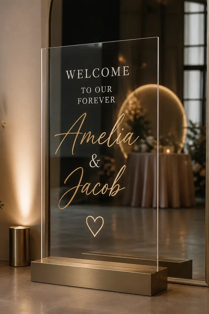 A clear acrylic welcome sign on a weighted metal base in front of a tall mirror. Warm uplights sit on both sides of the base, and the mirror reflection shows the lights forming a soft halo. The welcome text is in white and gold with a small heart icon.