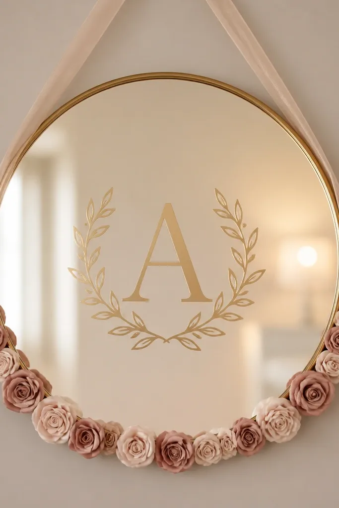 A round mirror with a gold leaf vinyl monogram in the center. Around the lower edge are small tucked fabric roses in blush and dusty rose, with a sheer ribbon loop. The reflection shows a warm, soft glow and a clean, symmetrical layout.