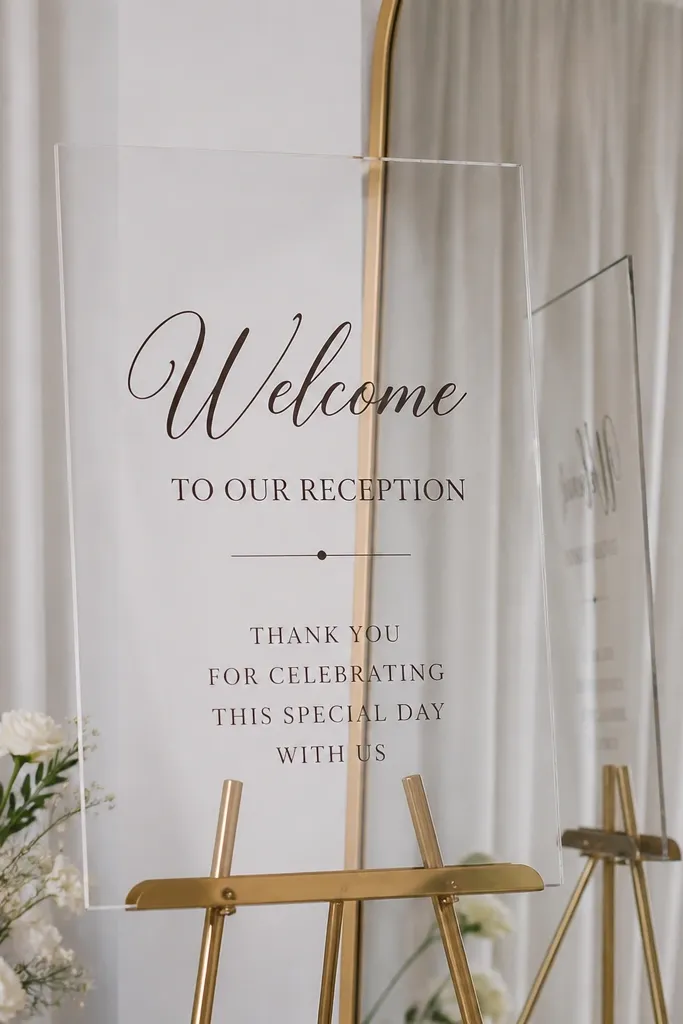A clear acrylic sheet mounted on an easel in front of a tall mirror. It has a "Welcome to our reception" header and smaller lines below in dark lettering. The mirror behind it reflects the sign edges and shows a simple white curtain background.