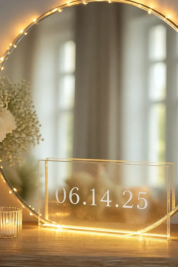 A round mirror outlined with warm white LED string lights. In front of the mirror is a clear acrylic plaque that reads the wedding date in white letters. The light forms a halo around the plaque and reflects softly in the mirror.