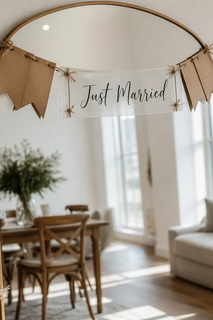A floor mirror with a kraft-paper banner draped along the top edge. A clear acrylic strip in the center reads "Just Married" in dark ink. The banner has small twine knots and a slightly rustic texture, reflected cleanly.