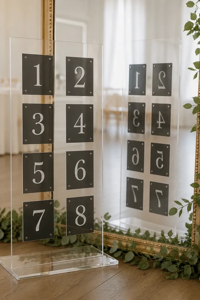 A clear acrylic sign with numbered table blocks in front of a tall mirror. The numbers are in white on a dark translucent background. The mirror reflection shows the sign and numbers repeated cleanly, with a simple greenery line along the frame.