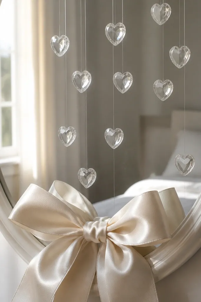 A mirror with a large satin ribbon bow at the bottom center. Several small clear acrylic heart shapes are suspended above the ribbon by thin clear line. The hearts catch light and show up clearly in the mirror reflection.