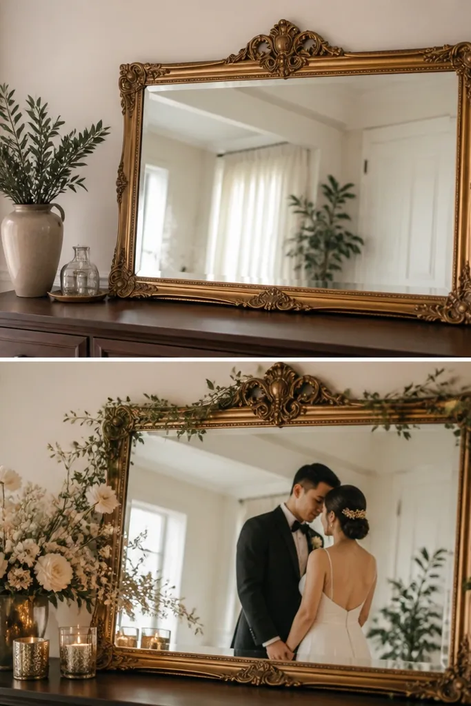 Before and after wedding mirror decor