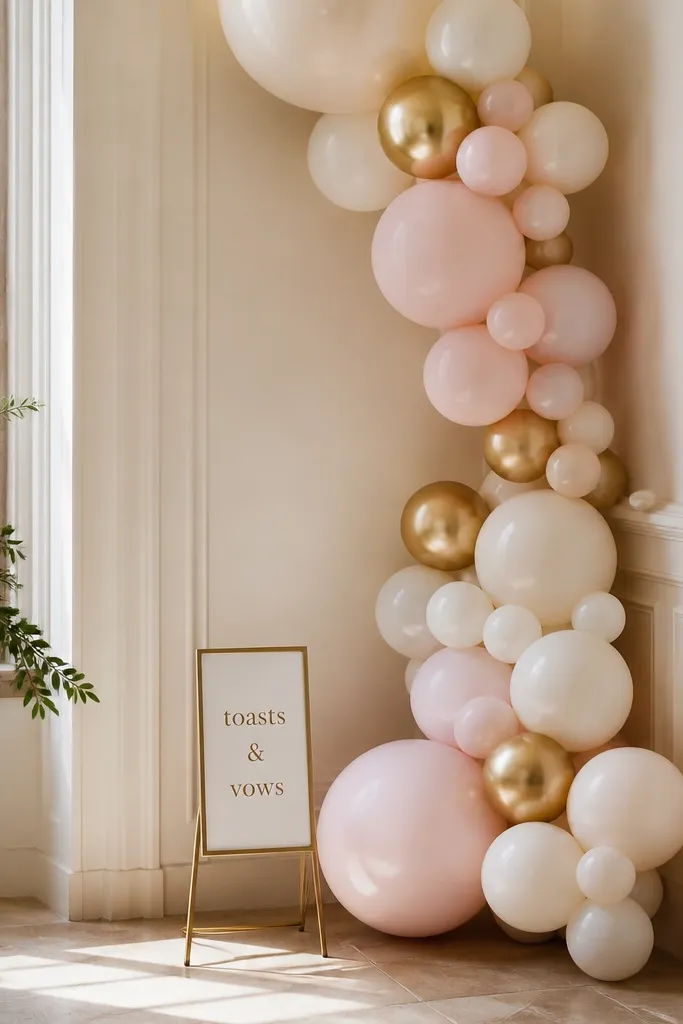 A tight corner decorated with balloon clusters: cream, pale pink, and a few gold balloons. A small sign reading "toasts & vows" sits on a stand near the base. The corner looks styled but not crowded.