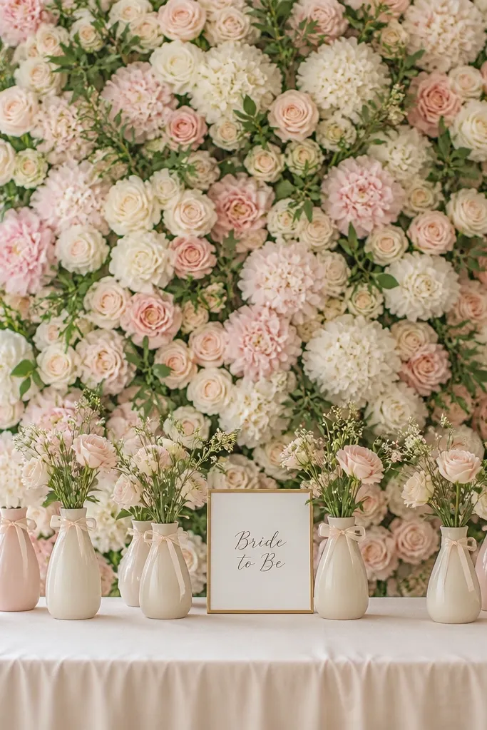 A vertical floral panel behind a photo table. Several bud vases in cream and blush sit in a row, each wrapped with thin satin ribbon. The backdrop has soft white, blush, and pale pink flowers with green leaves. A small "Bride to Be" sign rests at the center.