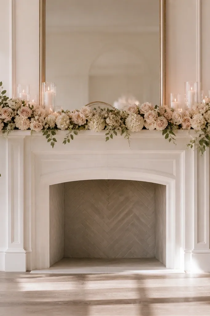 A mantle decorated with a real-touch floral garland in cream and blush, with small candles and a bride-to-be sign. In the foreground, there's space where balloons could later be added. The overall look is airy and warm.