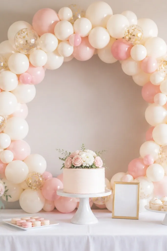 A large balloon ring forms a circular frame behind a dessert table. The ring is cream and blush with a few gold confetti balloons. Inside the ring sits a cake stand and a small sign. The table has a white cloth.
