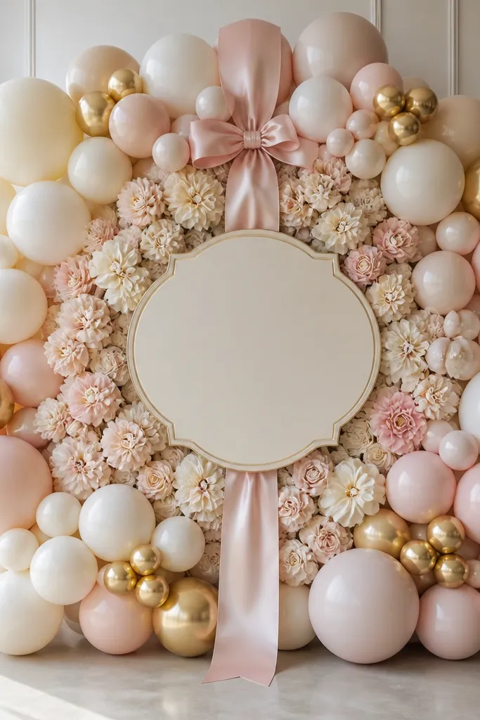 A backdrop where balloons form the outer shape and faux flowers fill the center cluster behind a sign. The palette is cream, blush, and gold. A satin ribbon runs vertically through the middle, matching both balloons and flowers.
