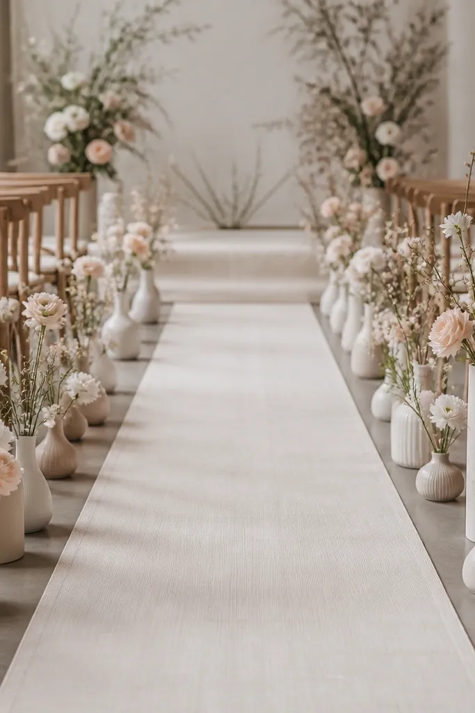 A long aisle runner with small bud vases lined along both sides. The vases are cream ceramic with blush and white blooms. Some vases are taller and some shorter, creating a rhythm. The runner is a pale neutral fabric.