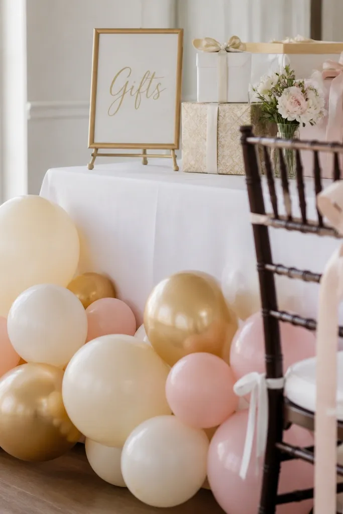 Balloon clusters on the floor at the base of a gift table. The balloons are cream, pale pink, and gold. A sign reading "Gifts" sits on a small stand. Thin ribbons tie around chair backs nearby.