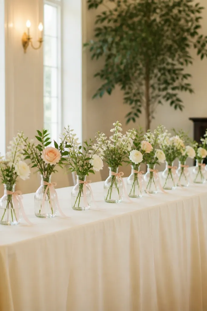 A buffet table decorated with 10-12 bud vases spaced evenly. Each vase has a small ribbon label tied around the neck. Flowers are white and blush with greenery. The tablecloth is a warm cream color.