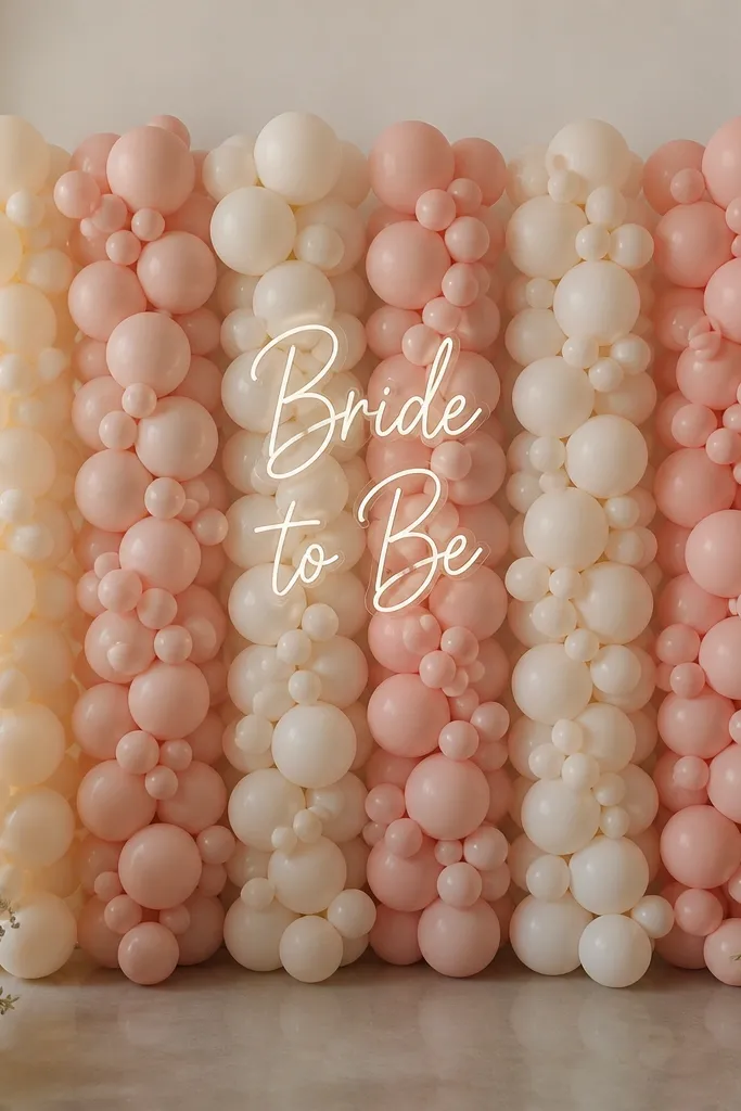 A rectangular photo backdrop made from balloon strips and clusters. The left and right sides alternate between cream and blush balloon columns. A clear "Bride to Be" sign sits in the center.