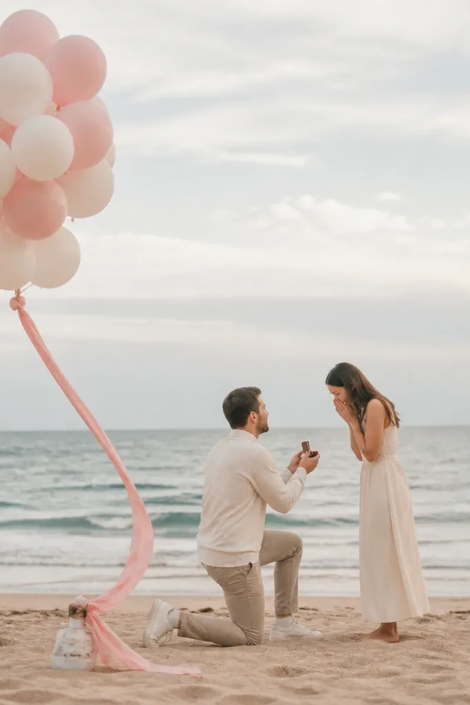 A beach proposal with a tight cluster of balloons in matte white and blush pink. A long satin ribbon trails from the cluster down toward a kneeling spot. The balloons are tethered low with weights, and the background is mostly ocean and sky.